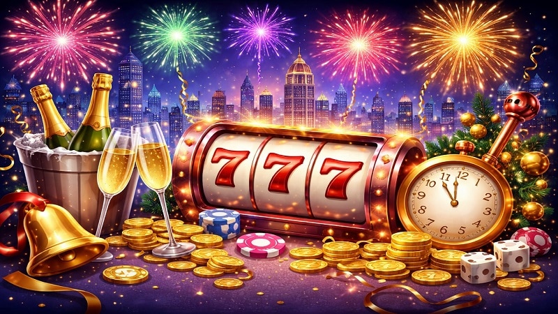 New Year casino celebration with slot machine, fireworks, champagne and gold coins New Year casino celebration with slot machine, fireworks, champagne and gold coins