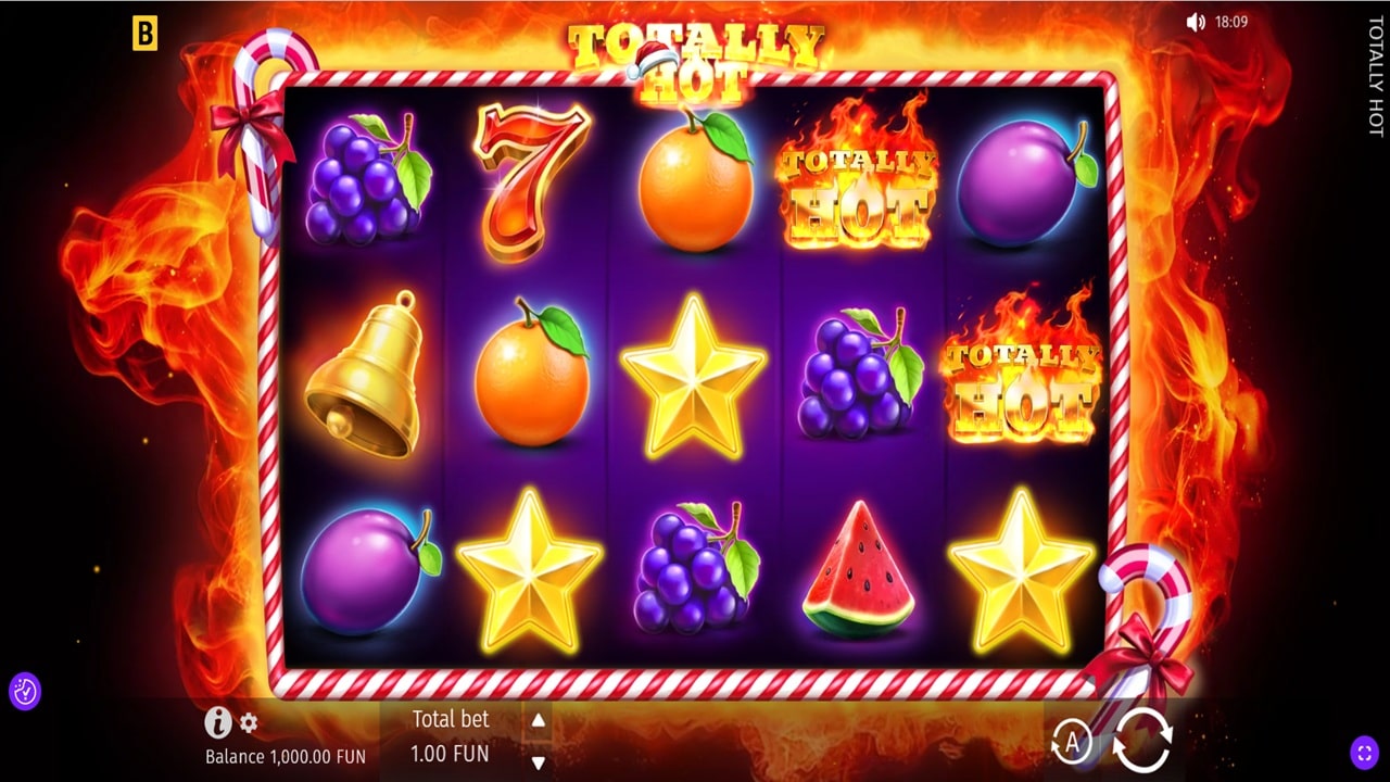 Totally Hot Slot Game BGaming- Weekly Review Totally Hot slot game screenshot showing classic fruit symbols, lucky 7s, golden stars and candy cane reels - BGaming