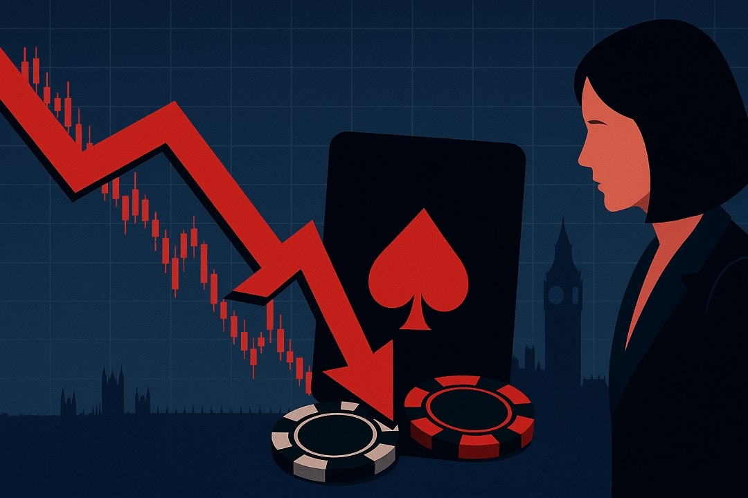 Illustration of UK gambling stocks declining after major tax hikes, showing falling market chart with casino elements and London silhouette.