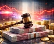 UK Gambling Commission regulatory gavel on stacks of British pound notes surrounded by gold coins with declining red graph lines representing record £21.8 million fines against gambling operators