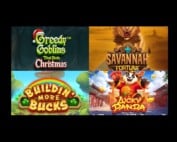 Four featured new casino slot games from Week 50 December 2025: Greedy Goblins That Stole Christmas, Savannah Fortune with lion wilds, Buildin More Bucks leprechaun slot, and Lucky Panda Asian-themed game