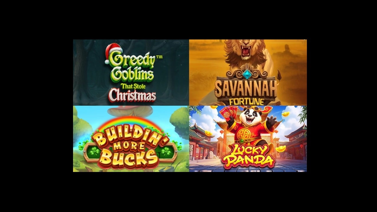 Four featured new casino slot games from Week 50 December 2025: Greedy Goblins That Stole Christmas, Savannah Fortune with lion wilds, Buildin More Bucks leprechaun slot, and Lucky Panda Asian-themed game