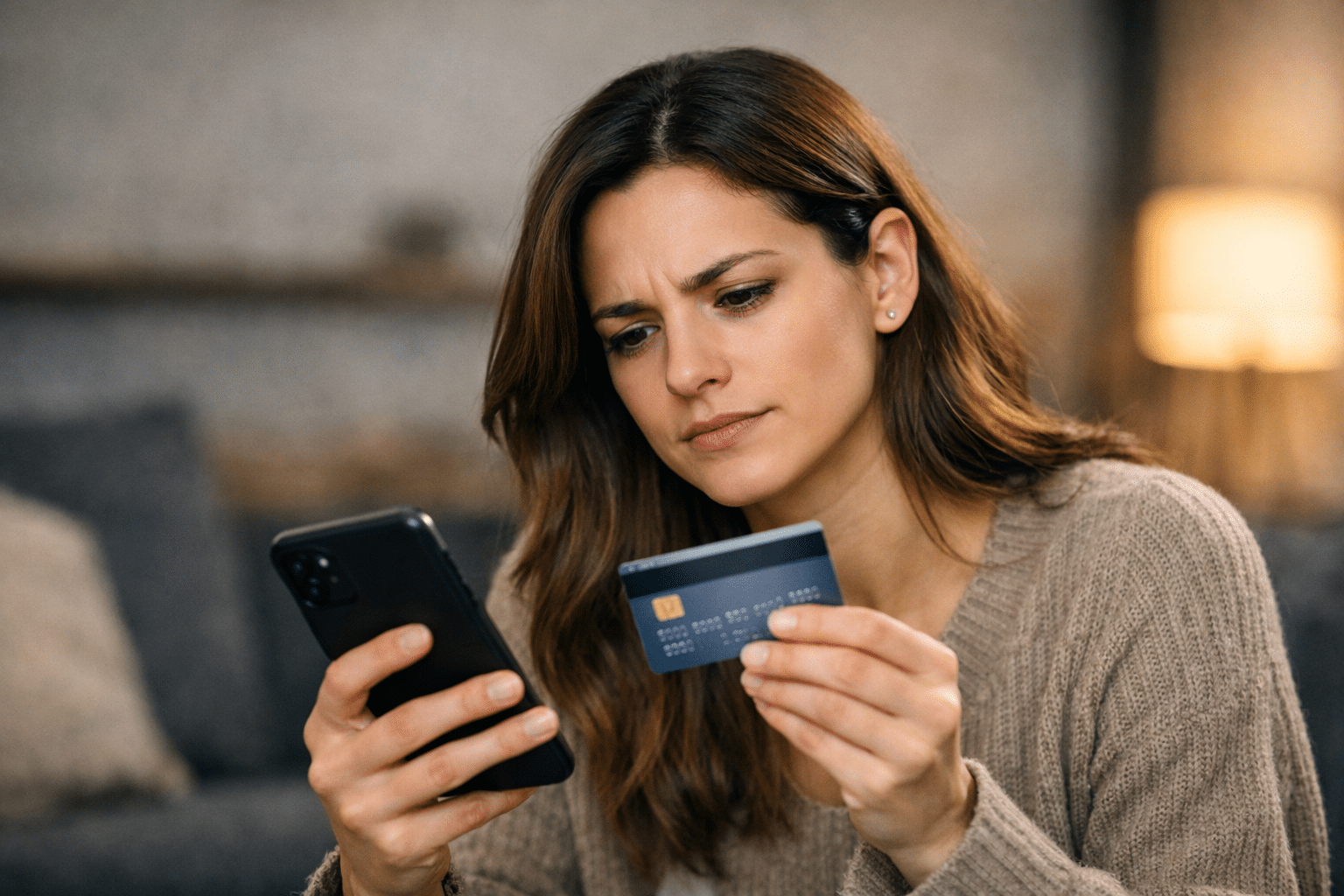 Frau schaut nachdenklich auf das Handy