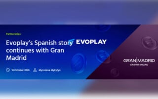 Partnerschaftsankündigung zwischen Evoplay und Grand Madrid Casino Online mit Logos.