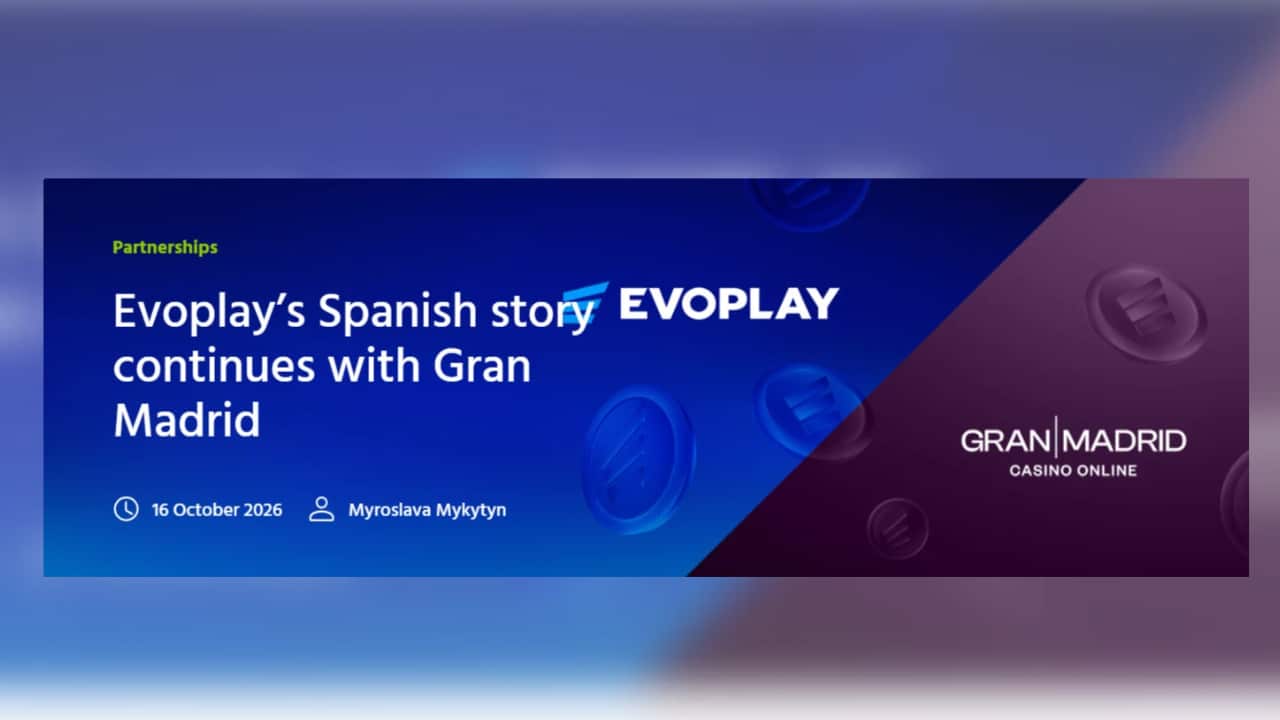Partnerschaftsankündigung zwischen Evoplay und Grand Madrid Casino Online mit Logos.