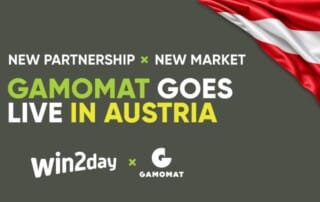Ankündigung neue Partnerschaft mi Logo von Gamomat und win2day und einer Österreich-Flagge.