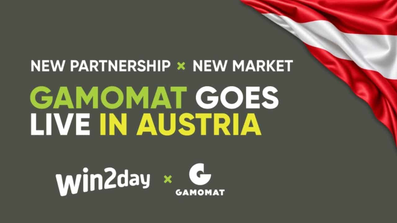 Ankündigung neue Partnerschaft mi Logo von Gamomat und win2day und einer Österreich-Flagge.