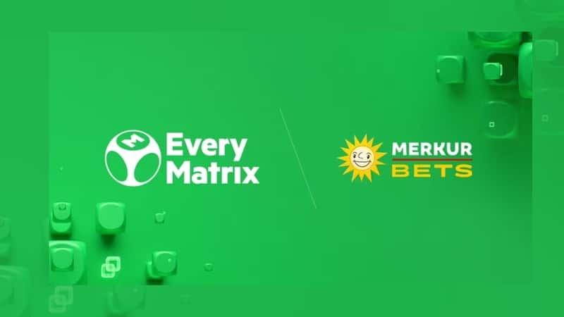 Logo von Merkur Bets und EveryMatrix auf gr&uuml;nem Hintergrund.