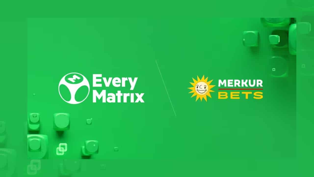 Logo von Merkur Bets und EveryMatrix auf grünem Hintergrund.