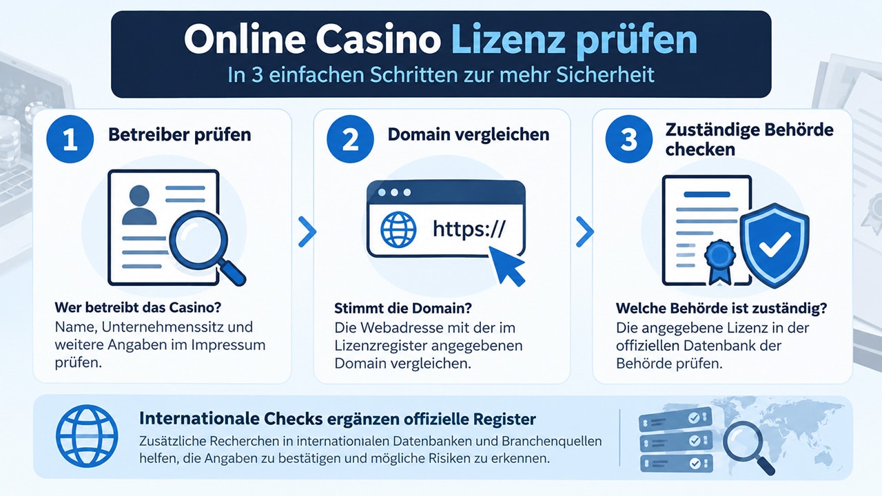 Online-Casino-Lizenz pr&uuml;fen: Betreiber, Domain und Gl&uuml;cksspielbeh&ouml;rde