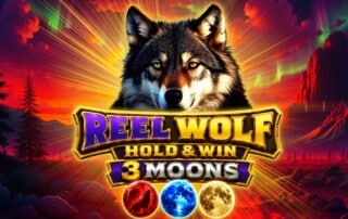 Logo des Reel Wolf 3 Moons Slot mit einem Wolf und den drei Monden.
