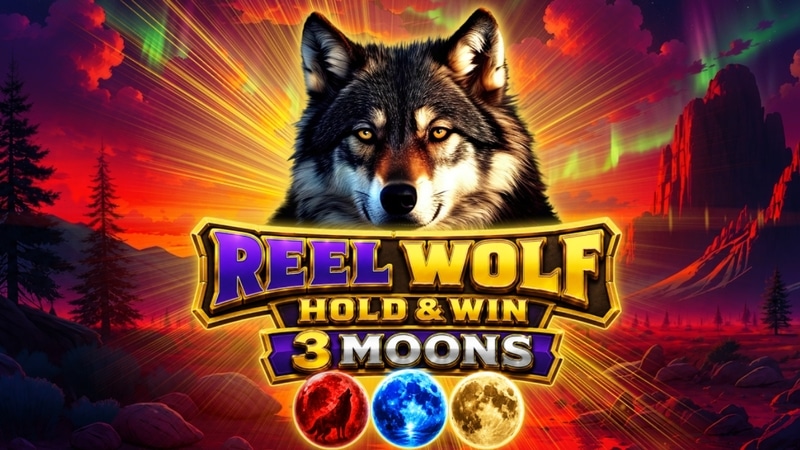 Logo des Reel Wolf 3 Moons Slot mit einem Wolf und den drei Monden.