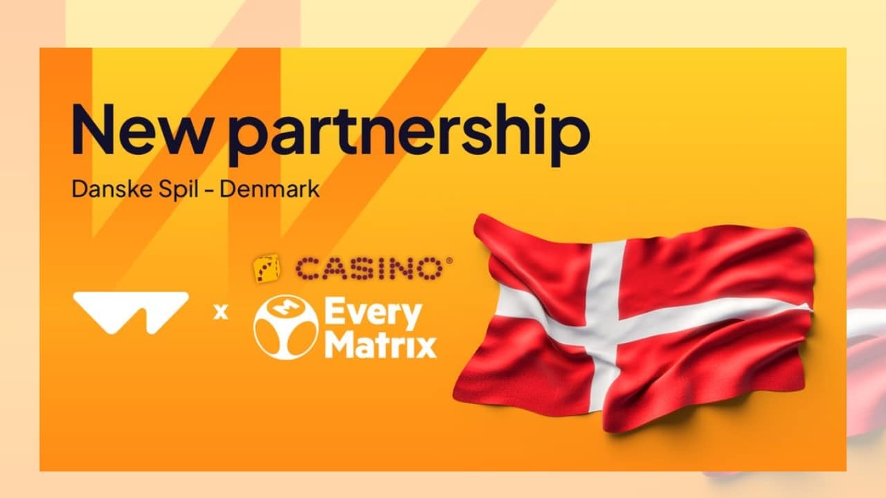 Ankündigung der neuen Partnerschaft zwischen Wazdan und Danske Spil, mit Logos und Dänemark-Flagge.